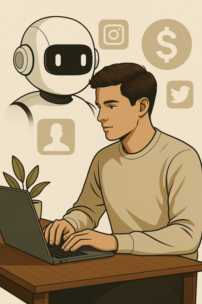 Young man working on a laptop beside a robot icon, social media symbols, and a dollar sign, representing the use of AI and digital platforms like Instagram and Twitter to make money online.